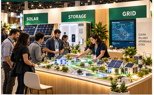 an energy activation with solar, storage and grid displays over a model neighborhood