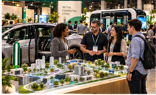 a mobility activation with an electric vehicle, charging post and a model city