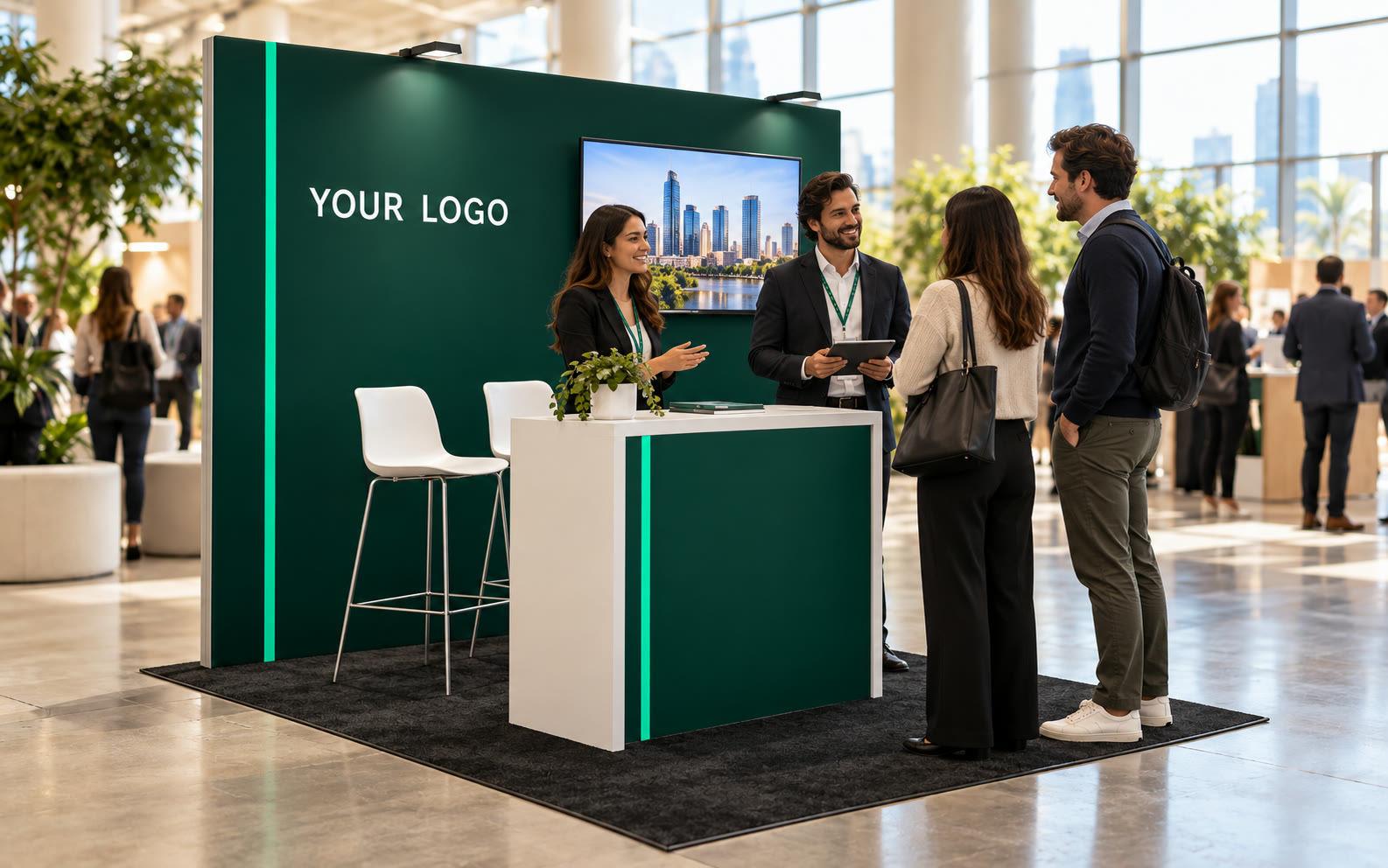 Envisioned rendering of a 10 by 10 foot expo booth with a green graphic backwall, monitor, waterfall counter and barstools