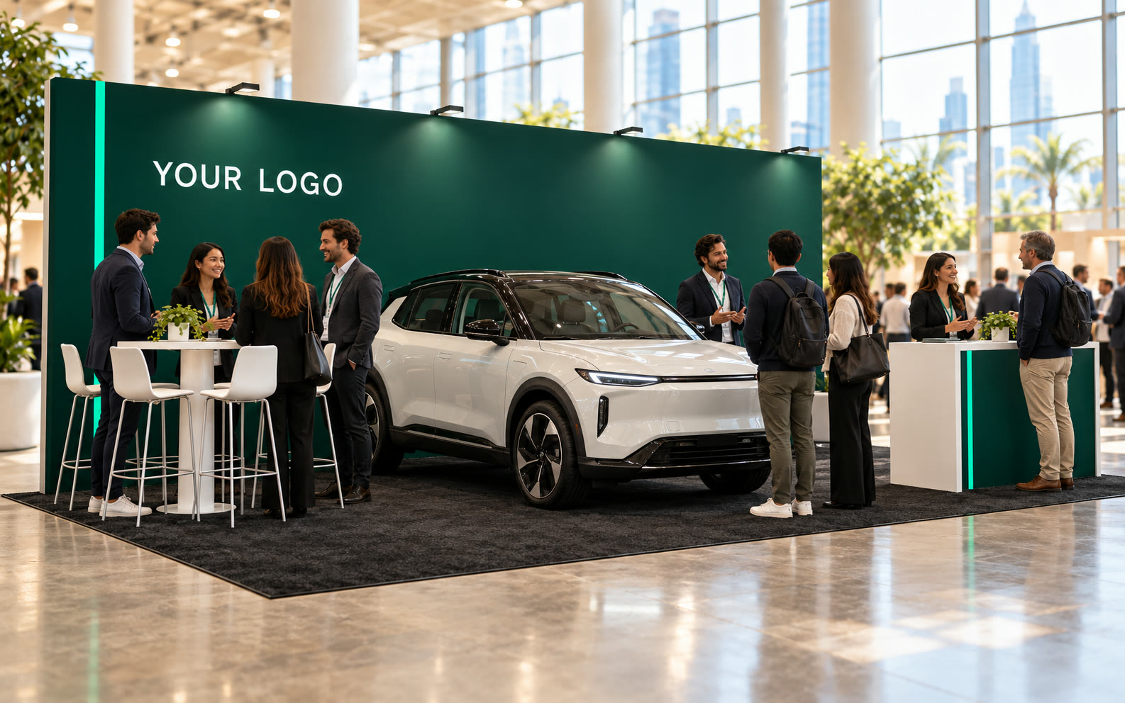Envisioned rendering of a 10 by 20 foot expo booth with a vehicle on display, green backwall, counter and bar-top table