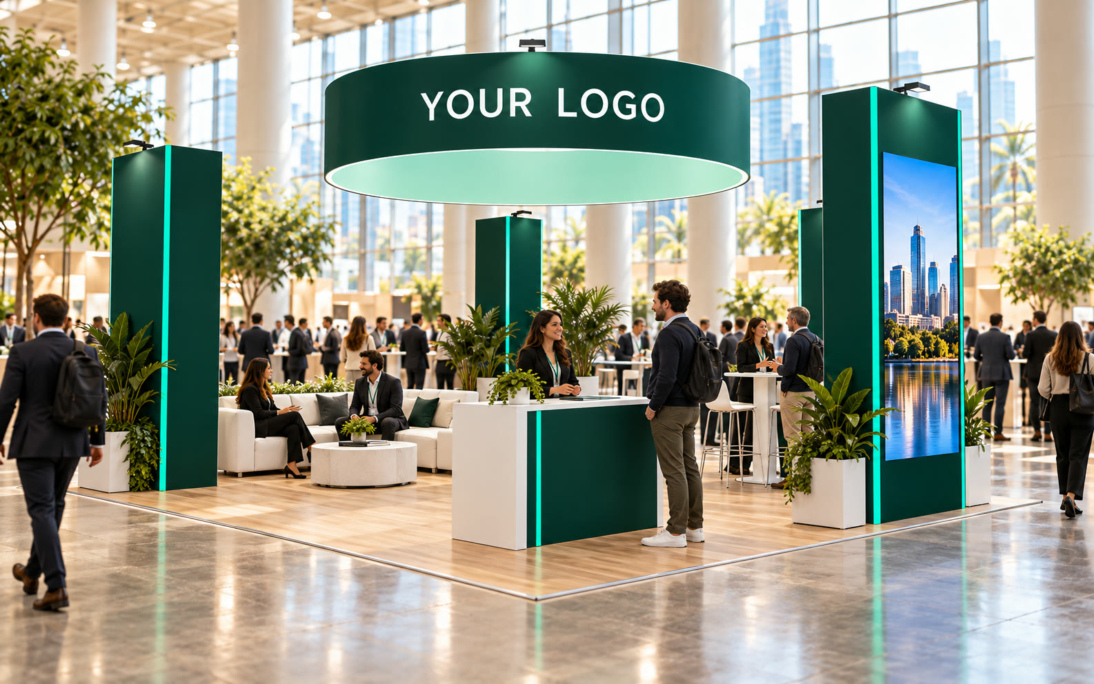 Envisioned rendering of a 20 by 20 foot island booth with four green towers, a round hanging sign, lounge and LED wall