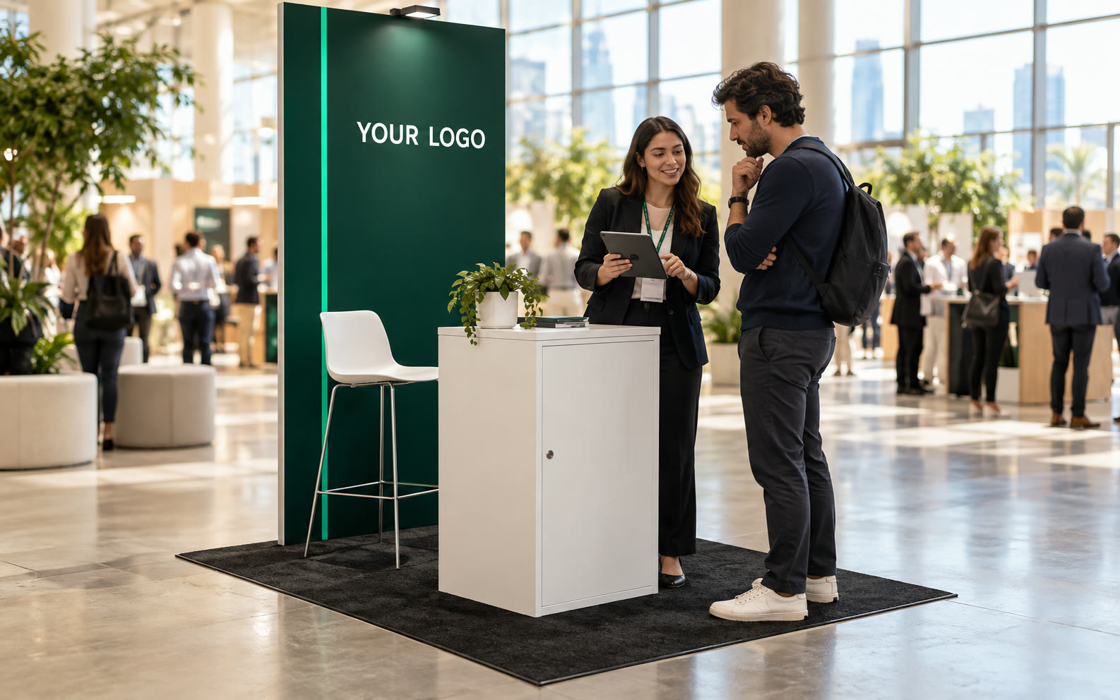 Envisioned rendering of a 5 by 5 foot startup kiosk with a green graphic backwall, counter and stool