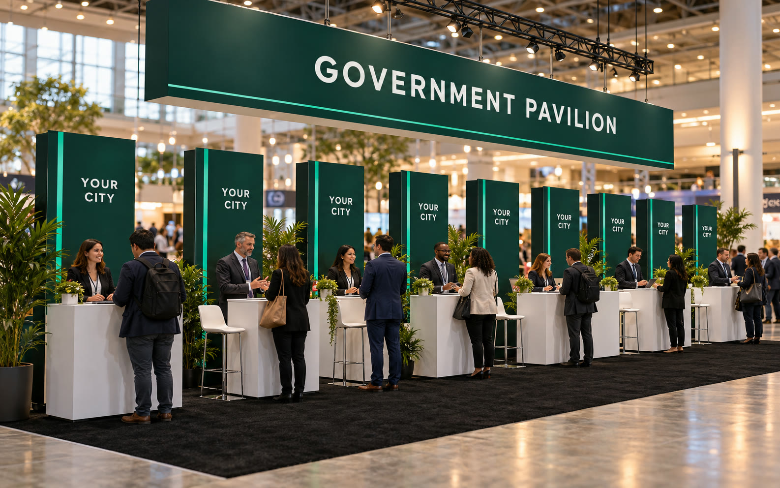 Envisioned rendering of the Government Pavilion: eight green kiosks under a Government Pavilion header sign