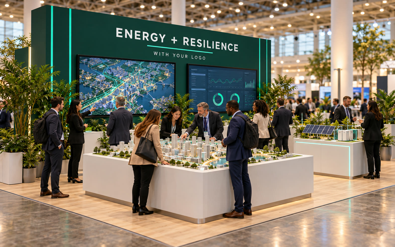Envisioned rendering of a topic experience: a tactile city model table under an Energy and Resilience header with partner logo placeholder