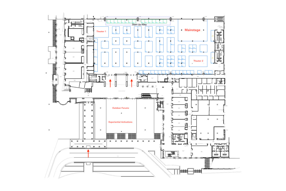 Floor plan of Exhibit Hall A showing the main stage, two theaters, Startup Alley, outdoor forums and experiential activations