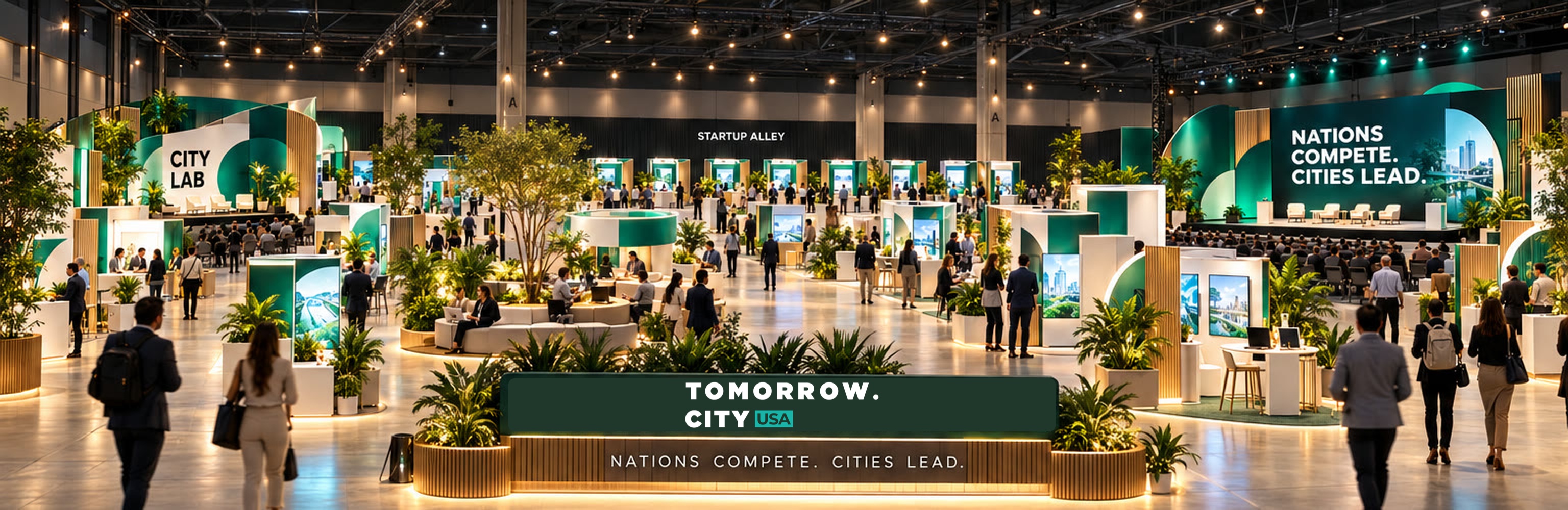 the Hall A entrance with the Tomorrow.City USA sign, Startup Alley, the City Lab, and the main stage beyond