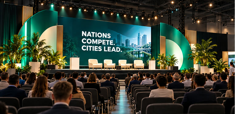 the Tomorrow.City USA main stage with a seated audience and the words Nations compete, cities lead on screen