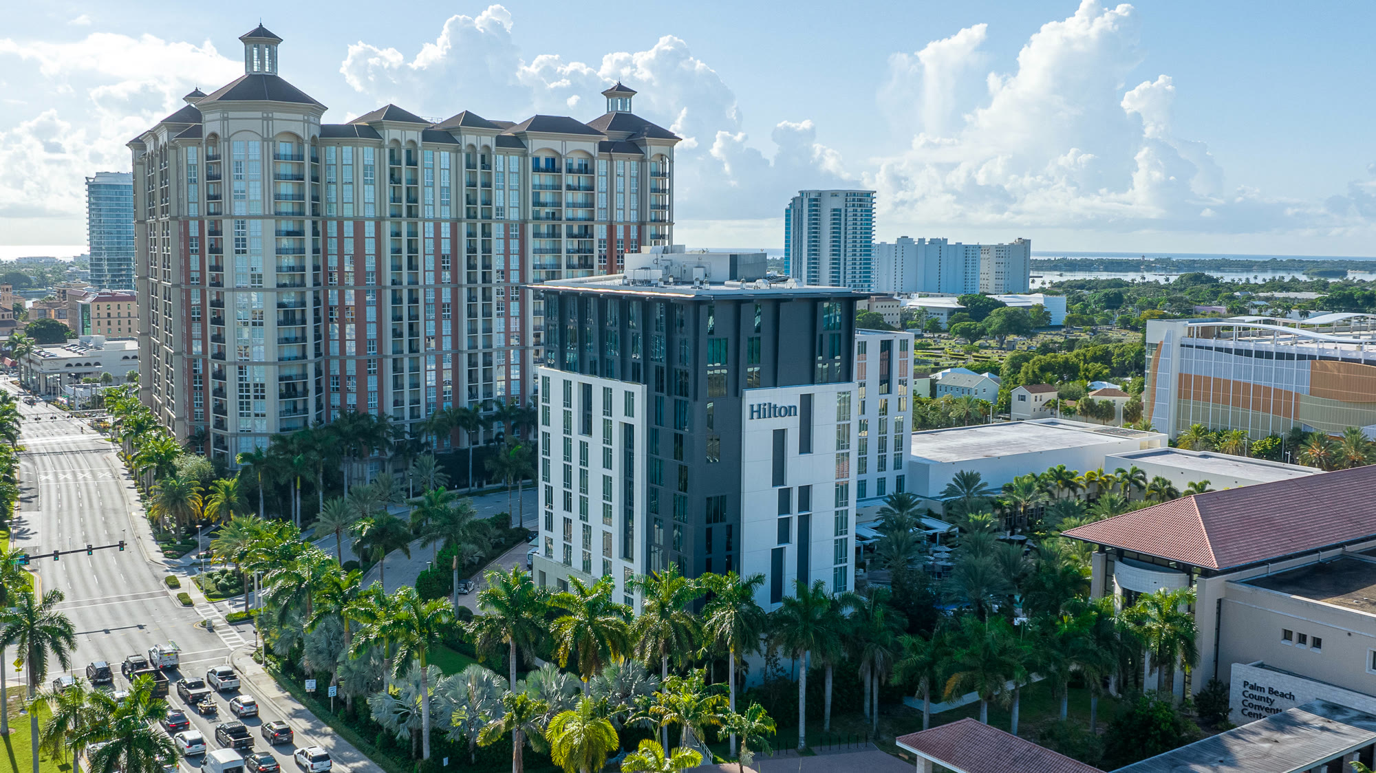 Aerial view of the Hilton West Palm Beach beside the Palm Beach County Convention Center