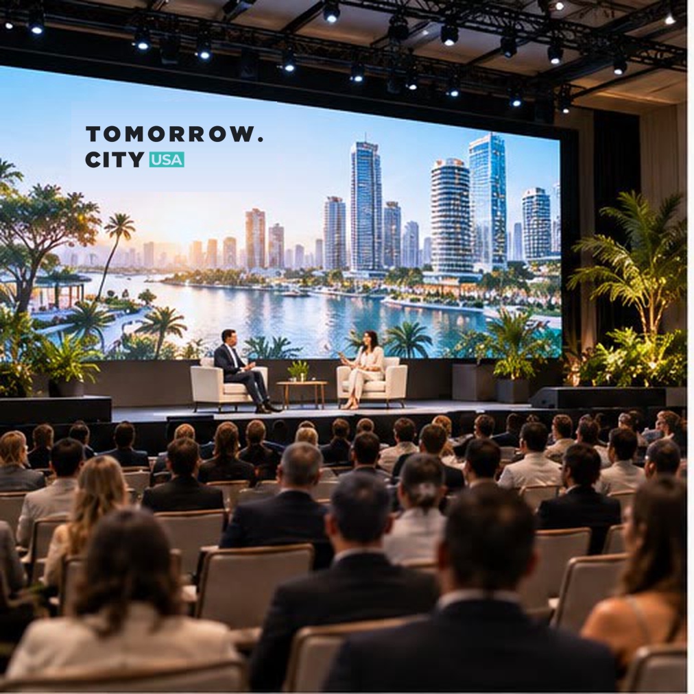an audience watching a conversation on a stage with the Tomorrow.City USA skyline on screen