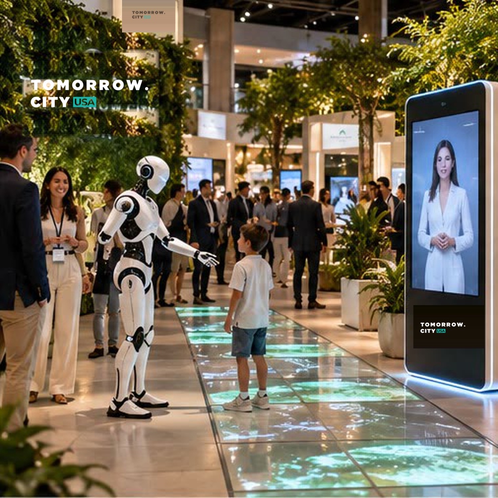 a child meeting a humanoid robot in a green-walled commons