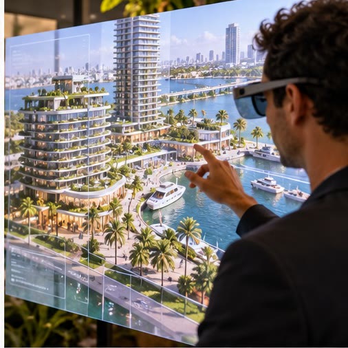 a visitor exploring a digital twin of a waterfront district on a large display