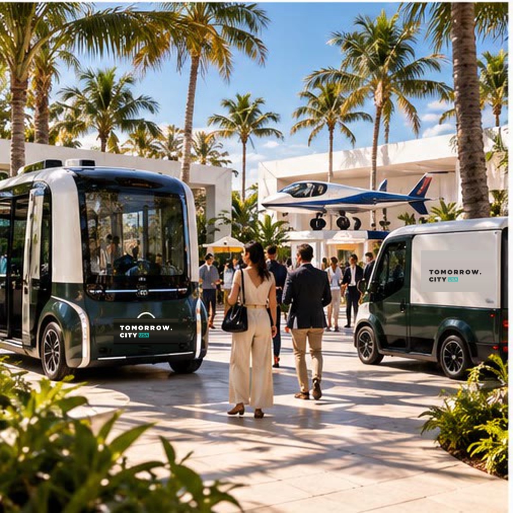 autonomous shuttles and an air taxi on a palm-lined plaza