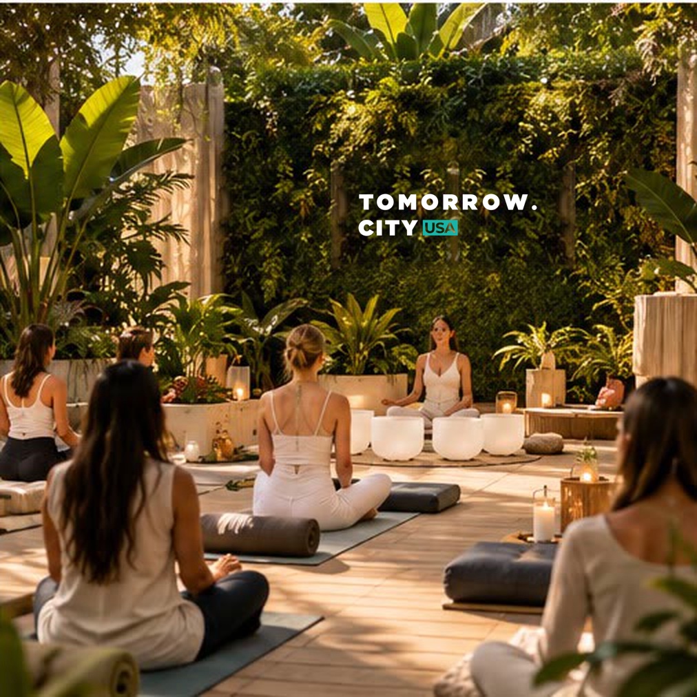 a wellness session in a garden commons