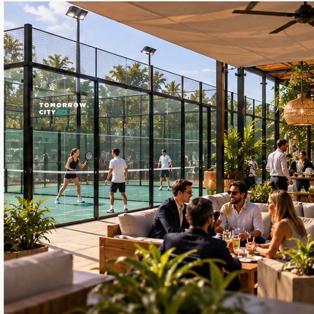 a padel court beside an outdoor lounge