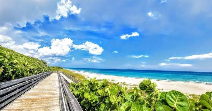Boardwalk through sea grapes to the white sand and Atlantic at a Palm Beach state park